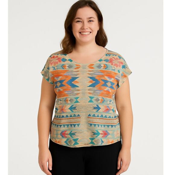 gaze Tops - Gaze USA Tribal Print Knit Short Sleeve Top – Size Large – Boho Festival Style